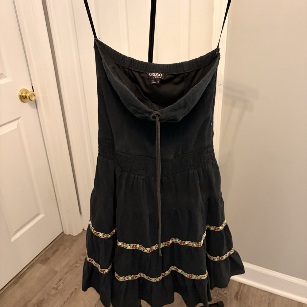 VTG 90s XOXO Black Tube Dress Size 13 Tiered Embroidered Y2K Faded Flaws Grunge